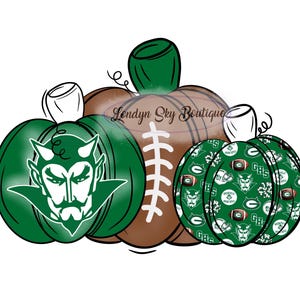 May include: Three green pumpkins decorated with a football theme. One pumpkin features a green and white devil mascot, another has a green and white football pattern, and the third has a green and white pattern with the text "GHS" and a devil mascot.