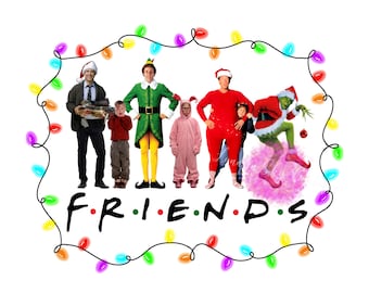 May include: A Christmas-themed graphic featuring characters from popular holiday movies. The characters include Buddy the Elf, The Grinch, Clark Griswold, and more. The graphic is surrounded by a string of colorful lights and the text "F.R.I.E.N.D.S."