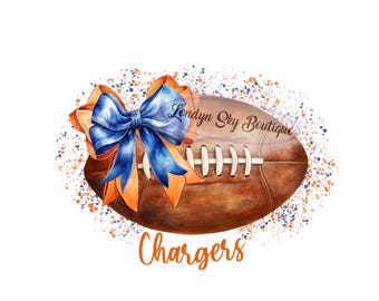 Op de afbeelding: Een aquarel illustratie van een bruine American football met witte veters, versierd met een blauwe en oranje strik. Het woord "Chargers" staat in oranje geschreven eronder. De achtergrond heeft blauwe en oranje verfspatten.