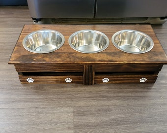 Medium 3 bowl Dog Feeder with storage Raised Dog Bowls Wooden Feeding Station