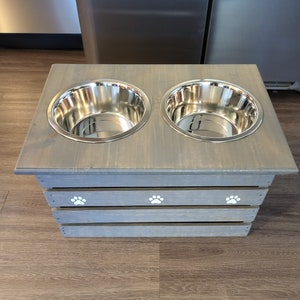 Elevated dog feeder with storage-- Grey