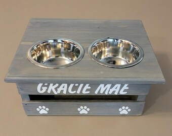 Small dog feeder cat feeding stand elevated dog feeder puppy and kitten feeding station.--grey