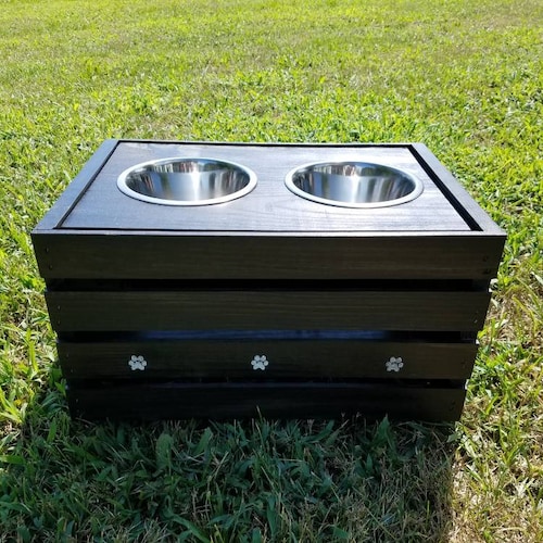 Medium/large Distressed White Dog Feeder With Storage/gray Lid Etsy