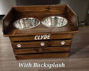 Elevated Dog Feeder with Backsplash Raised Wooden Dog Bowl stand for large dogs,--Walnut color