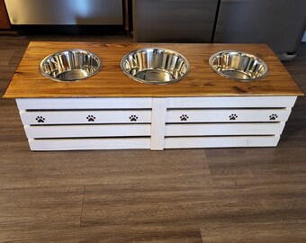 Three Bowl Dog Stand Raised Dog Feeding Station Pet furniture with storage Farmhouse Modern Style pet decor