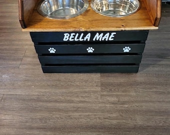 Elevated Dog Feeder with Backsplash Raised Wooden Dog Bowl stand--Black with Oak Top