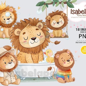 Clipart  acuarela  leones, leon: 18 PNG de decoración de animales safari, baby shower, fiesta de bebé, lindo leoncito, descarga digital