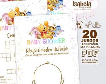 Baby Shower Games in Spanish, Winnie the Pooh Bear, 20 Printable Baby Shower Games Kit for a Blue Boy, Download-Cut-Print, Digital PDF