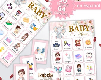 Spanish Baby Shower Lottery Elephant, Printable Pink Baby Shower Lottery Girl 30 cards 64 decks, Download-cut-print Digital PDF