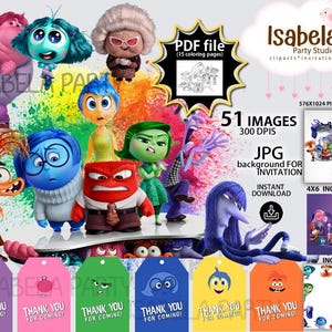 Puede incluir: Un conjunto de 51 imágenes digitales con personajes de la película Del revés. Las imágenes están en formato JPG y tienen una resolución de 300 DPI. Las imágenes son perfectas para crear invitaciones u otras decoraciones para fiestas. Las imágenes miden 10,16 cm x 15,24 cm y están disponibles para descarga instantánea.