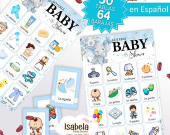 Baby Shower Lottery in Spanish, Elephant, Printable Baby Shower Lottery Blue Boy 30 cards 64 decks, Download-cut-print