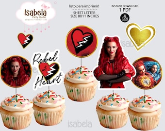 Descendants 4, Cupcakes Toppers, Printable Descendants Red and Chloe, Descendants toppers, 2 INCHES, download-cut and print! PDF