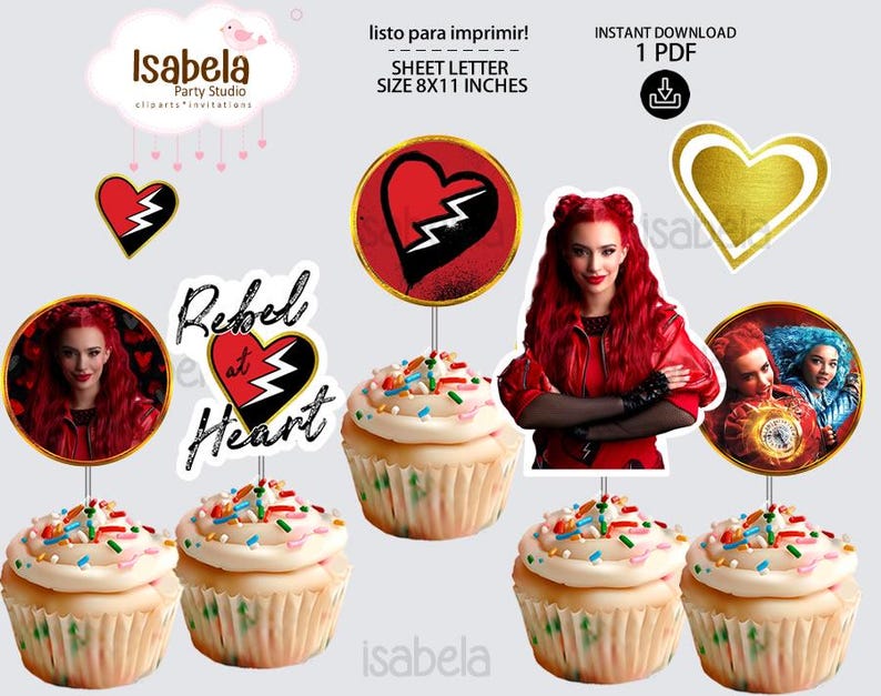 Puede incluir: Descarga digital con adornos para cupcakes y elementos decorativos. El dise&ntilde;o incluye im&aacute;genes de una mujer con cabello rojo, corazones y el texto "Rebel at Heart". Los adornos est&aacute;n dise&ntilde;ados para una fiesta o celebraci&oacute;n.