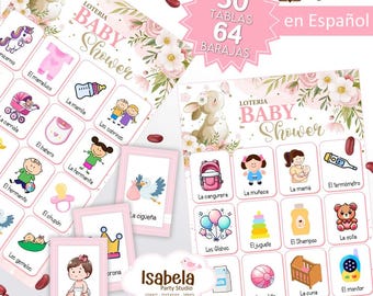 Spanish Baby Shower Lottery - Bunny, Printable Baby Shower Lottery for a Pink Girl - 30 Boards, 64 Cards, Download-Cut-Print Digital PDF