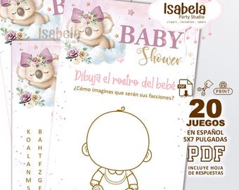 Baby Shower Games in Spanish: Koala Bear, 20 Printable Games Kit, Pink Baby Shower Games for Girls, Download-Cut-Print, Digital PDF
