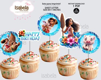 Moana 2 Cupcakes Toppers, Printable moana 2, moana toppers, 2 INCHES, descarga-recorta e imprime! PDF