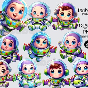 Puede incluir: Diez imágenes digitales de un bebé de dibujos animados vestido como Buzz Lightyear de la franquicia de películas Toy Story. El bebé lleva un traje espacial morado y verde con un casco y alas. Las imágenes están en formato PNG y tienen una resolución de 300 DPI.