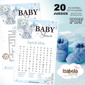 Pode incluir: Conjunto de jogos de chá de bebê com caça-palavras, labirinto e botinhas de bebê de crochê azuis. Os jogos apresentam um gráfico de elefante e as palavras "Baby Shower". O conjunto inclui 20 jogos e uma folha de respostas em PDF.