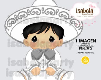 Baby Charro PNG, Silver Mexican Baby Shower Clipart, Bautizo Digital Download, Watercolor Little Charro, White & Silver Boy, Sublimation Art