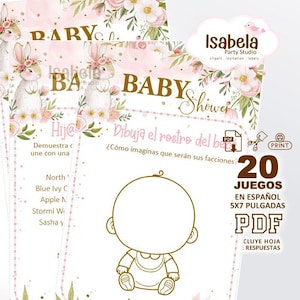 May include: A baby shower game card featuring a gold and pink floral design with a bunny illustration. The text reads BABY Shower, Dibuja el rostro del bebé, and 20 JUEGOS EN ESPAÑOL. It includes a blank baby outline for drawing, with a PDF icon.