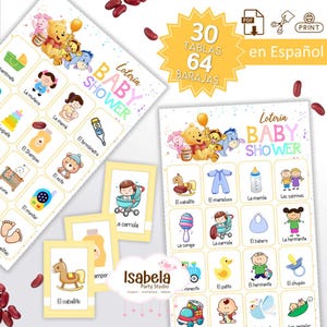 Puede incluir: Juego de lotería para baby shower con personajes de Winnie the Pooh. El juego incluye 30 tableros y 64 cartas, con ilustraciones de artículos para bebés y texto en español. Ideal para celebrar un baby shower.
