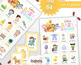 Baby Shower Lottery in Spanish, Winnie the Pooh, Baby Shower Lottery, 30 boards, 64 cards, Download-cut-print Digital PDF
