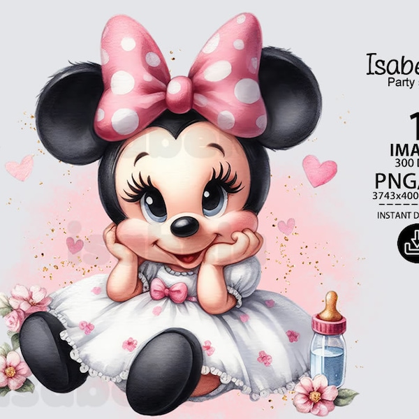 Minnie Mouse Baby Clipart, Minnie png, Minnie Mouse png, Minnie baby, Minnebaby shower, acuarela sublimación, descarga instantanea