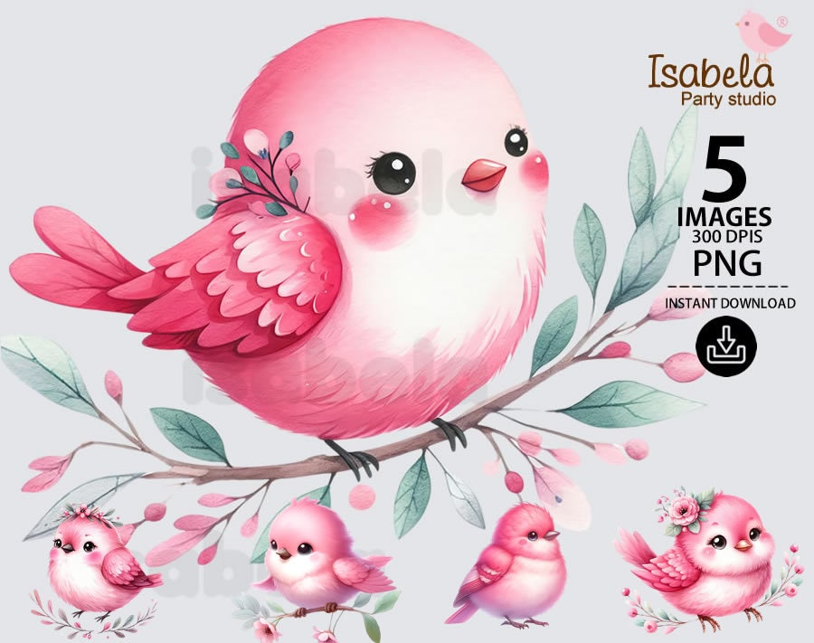 5 birds clipart, birds png, birds without background, little birds png, bow ties png, bird png, pink birds png, watercolor birds. digital