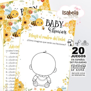 Giochi per baby shower in spagnolo - Little Bees, 20 kit stampabili di giochi per baby shower a tema api, scarica-taglia-stampa, scarica PDF digitale
