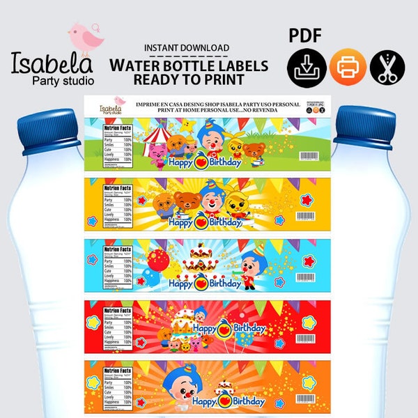 plim plim water bottle, plim plim topper, payasito plim plim labels,  descarga-recorta e imprime! PDF