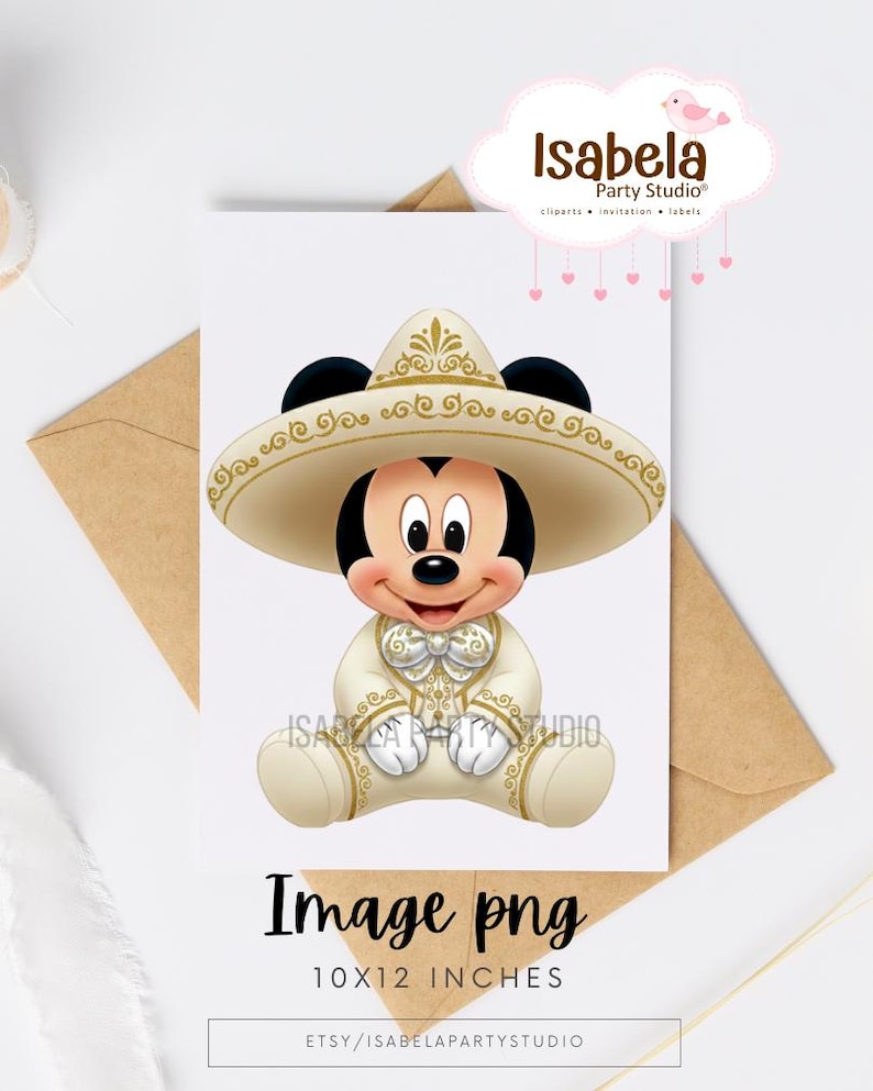 K&ouml;nnte beinhalten: Digitale Illustration von Mickey Mouse mit einem beigen Sombrero und passendem Outfit mit goldenen Akzenten. Das Bild ist mit "Image png" beschriftet und misst 25,4 x 30,5 cm. Design von Isabela Party Studio.