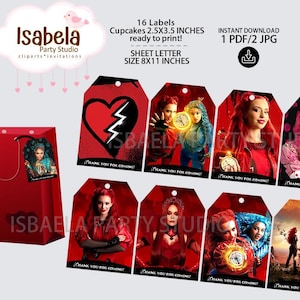 Etichette di ringraziamento per feste Descendants rosse 16 - Download immediato - File digitale stampabile, scarica, stampa e ritaglia