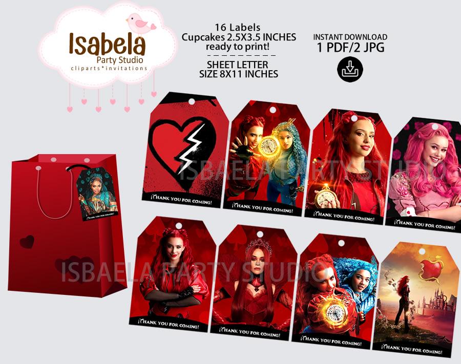 Descendants Red Party Favor Thank You Tags 16 - Instant Download - Printable Digital File, download, print and cut