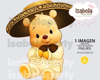Charro Bear Winnie PNG, Mexican Baby Shower Clipart, Watercolor Mariachi Teddy Bear, Digital Download, Sublimation Design, Mexican Party