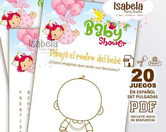 20 Baby Shower Games in Spanish (Strawberry, Pink Baby Shower), Download-Print-Cut, Baby Shower Girl Games PDF