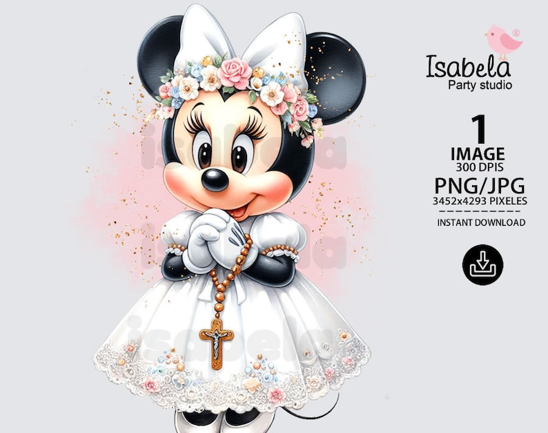 May include: A digital illustration of a cartoon mouse wearing a white dress with a floral crown and holding a rosary. The mouse has black ears and a pink nose. The background is a light pink with gold glitter.