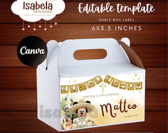 Digital template for baptism/birthday of Charro baby/ instant download 3.5x6 inch Editable gable box label