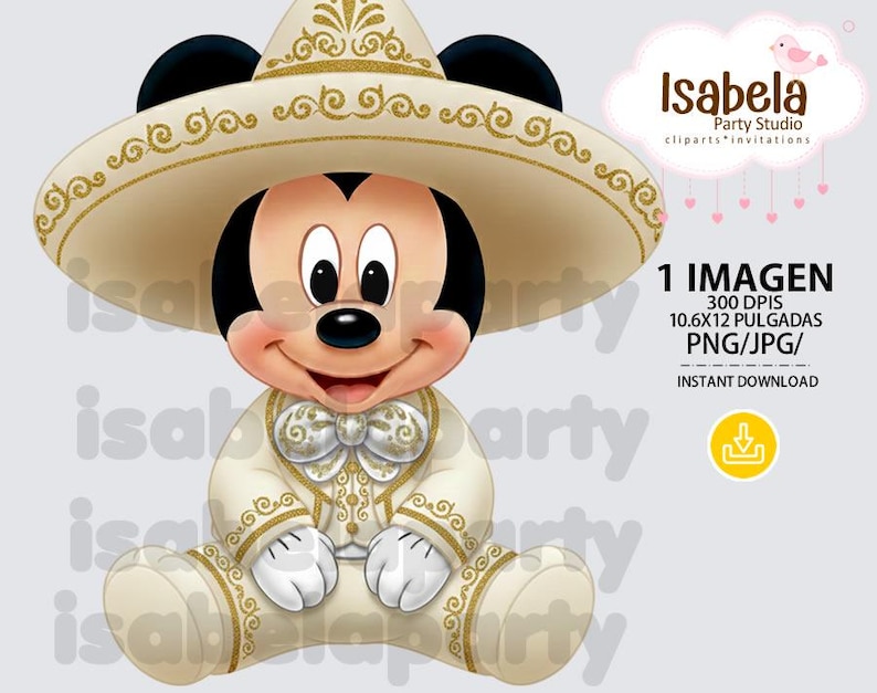 K&ouml;nnte beinhalten: Digitale Illustration von Mickey Mouse in einem cremefarbenen Mariachi-Outfit, einschlie&szlig;lich Sombrero und Anzug mit goldenen Details. Das Bild enth&auml;lt den Text "Isabela Party Studio" und "1 IMAGEN 10.6x12 PULGADAS PNG/JPG/ INSTANT DOWNLOAD."