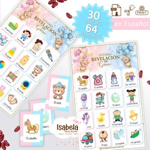 Puede incluir: Juego de mesa para fiesta de revelación de género con tarjetas con ilustraciones de bebés y texto en español. El juego incluye 30 tablas y 64 cartas, con un diseño con osos de peluche, globos e iconos relacionados con bebés. Ideal para baby shower.