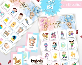 Gender Reveal Baby Shower Lottery in Spanish, Printable Baby Shower Gender Reveal Lottery, 30 boards, 64 cards, digital PDF