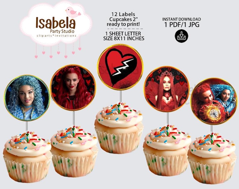 Puede incluir: Cupcakes con adornos de personajes. Los adornos redondos con borde dorado muestran un coraz&oacute;n roto y retratos de personajes. Los cupcakes est&aacute;n cubiertos con glaseado blanco y chispas de colores.