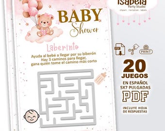 Baby Shower Games in Spanish, 20 Games Printable Kit, Pink Baby Shower Games for Girls, Download-Cut-Print, Digital PDF