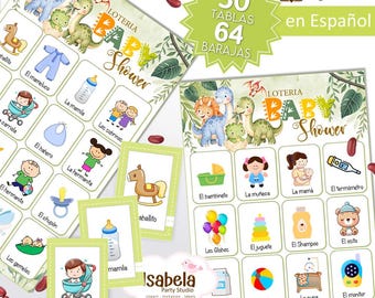 Baby Shower Lottery in Spanish with Dinosaurs, Baby Shower Lottery with 30 Boards and 64 Cards, Download-Cut-Print Digital PDF
