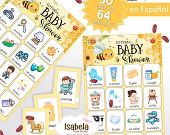 Baby Shower Lottery in Spanish (Little Bee), Baby Shower Lottery (Bees) 30 boards, 64 cards, Download-cut-print Digital PDF