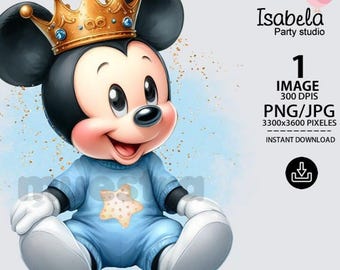 Prince Mickey Mouse Baby Clipart, mickey png, mickey baby shower, watercolor, digital