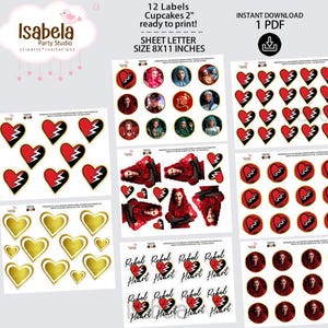 Puede incluir: Una hoja digital de etiquetas e im&aacute;genes para cupcakes imprimibles. Las etiquetas presentan corazones rotos rojos, corazones dorados e im&aacute;genes de personajes. Tambi&eacute;n se incluye el texto "Rebel Heart". La hoja mide 20,3 x 27,9 cm.