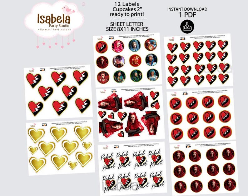 Puede incluir: Una hoja digital de etiquetas e im&aacute;genes para cupcakes imprimibles. Las etiquetas presentan corazones rotos rojos, corazones dorados e im&aacute;genes de personajes. Tambi&eacute;n se incluye el texto "Rebel Heart". La hoja mide 20,3 x 27,9 cm.