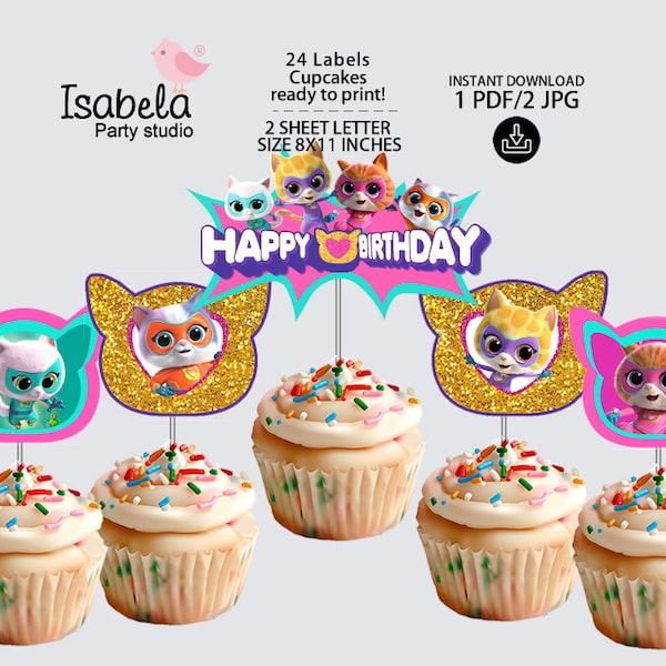 super Kitties cup cake, super kitties topper, super kitties pannenkoek toppers, Jpg en PDF digitale download