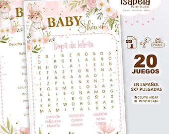 Baby Shower Games in Spanish - Bunny Theme - 20 Printable Games Kit - Bunny Baby Shower Games, Download-Cut-Print, Digital PDF