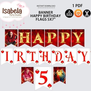 Bannière rouge Joyeux anniversaire Descendants, téléchargez-découpez et imprimez ! PDF